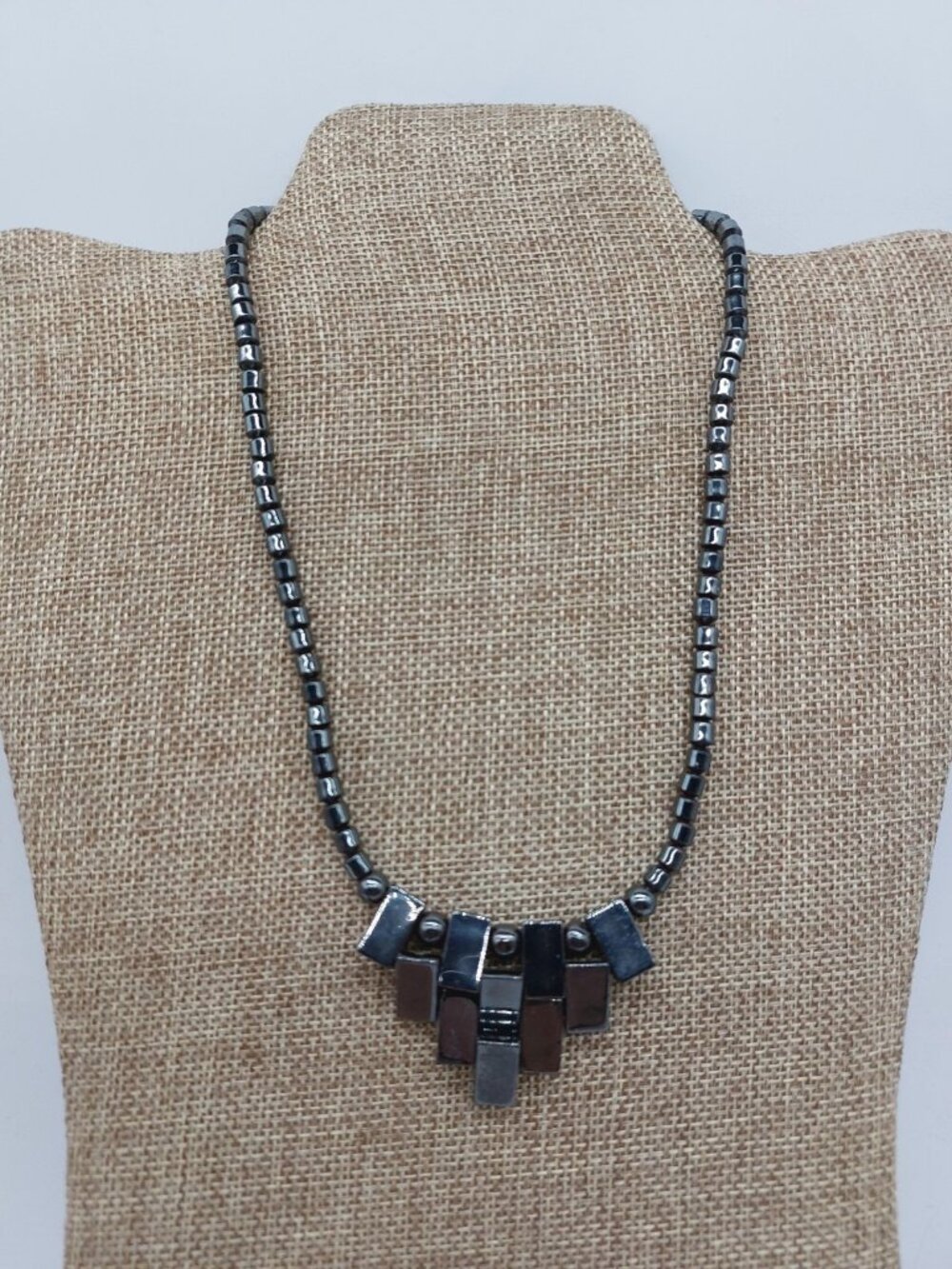 Black Hematite Heishi Beaded Necklace Choker Rectangle Pendant Barrel Clasp